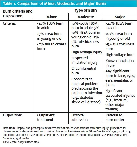 Table 1. Comparison of Minor to Major Burns